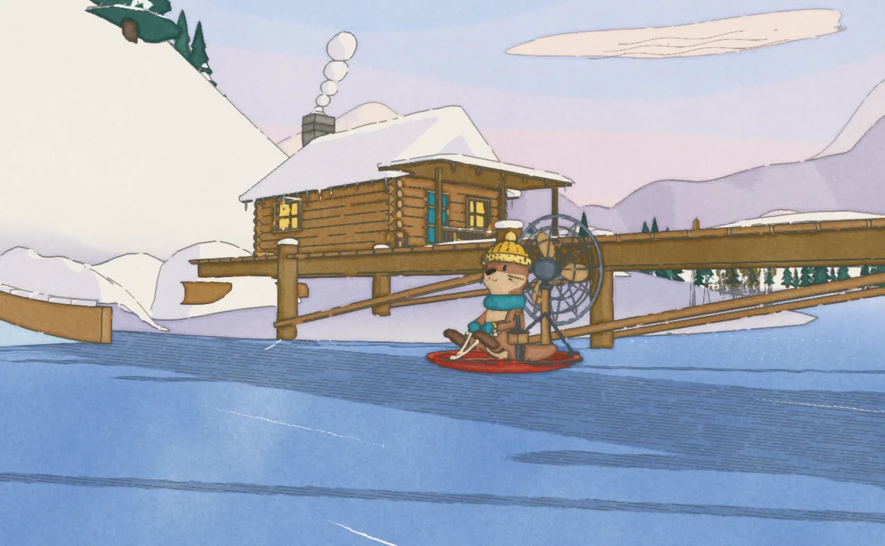 Maple the otter on a sled on the frozen lake, pushed along by a fan.