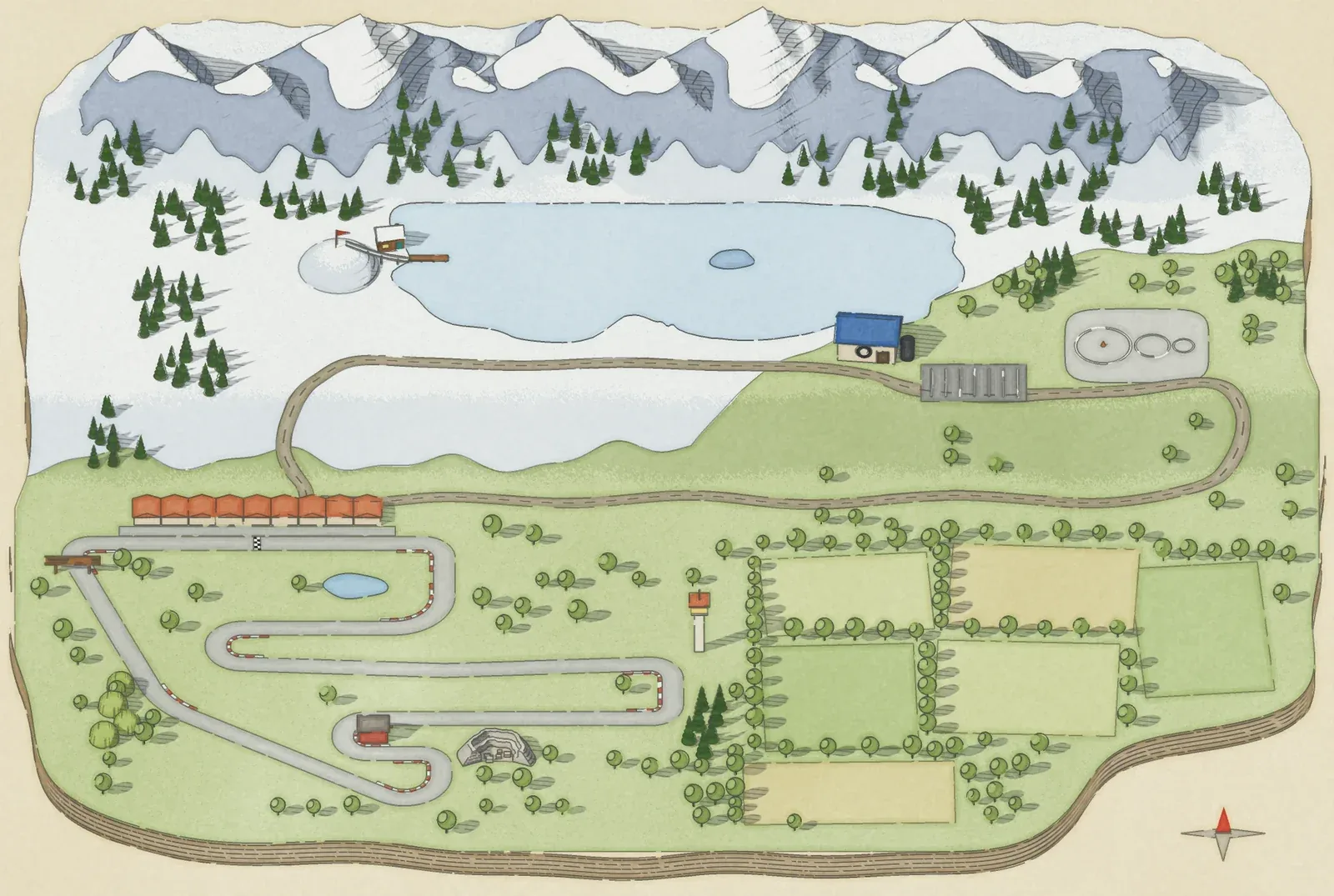 The illustrated world of The Corner Code: a frozen lake, a tire lab, a skid pad and a kart track, below snowy mountains.
