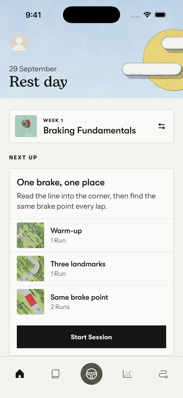 Trace's Home screen: the day's program, Braking Fundamentals, with three drills to drive.
