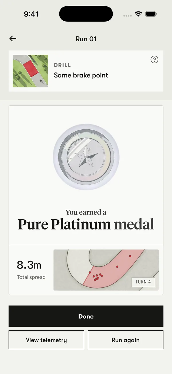 A drill result in Trace: a platinum medal for braking at the same point, with an 8.3 metre spread.